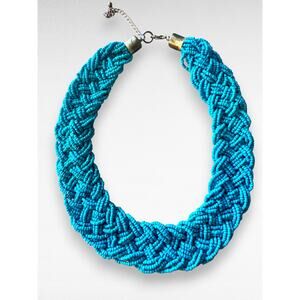 Vintage Teal Seed Bead Braided Multi Strand Chunky Statement Necklace 18"